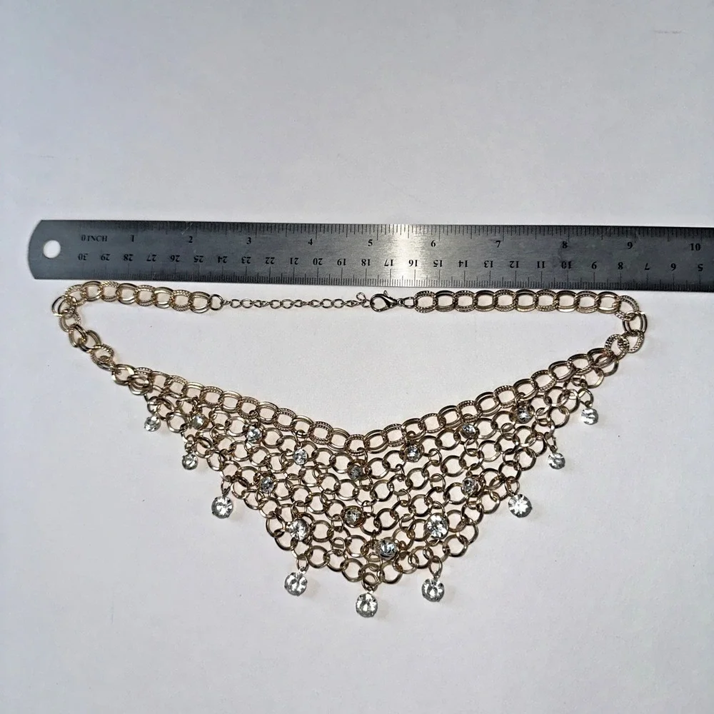 Vintage Y2K Gold Tone Clear Crystal Mesh Bib Waterfall Statement Necklace Glam